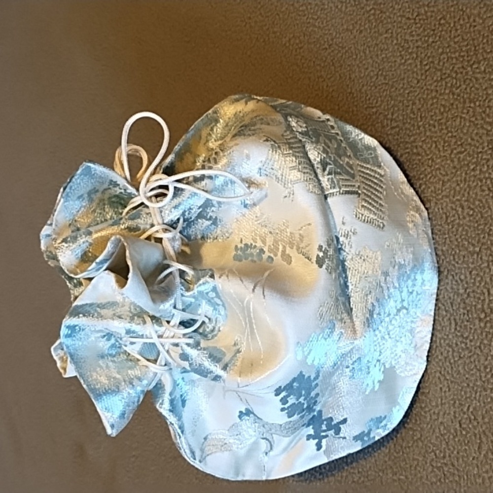 Hand Crafted Silk Damask Reticule Drawstring Bag Crane Temple Blue Silver